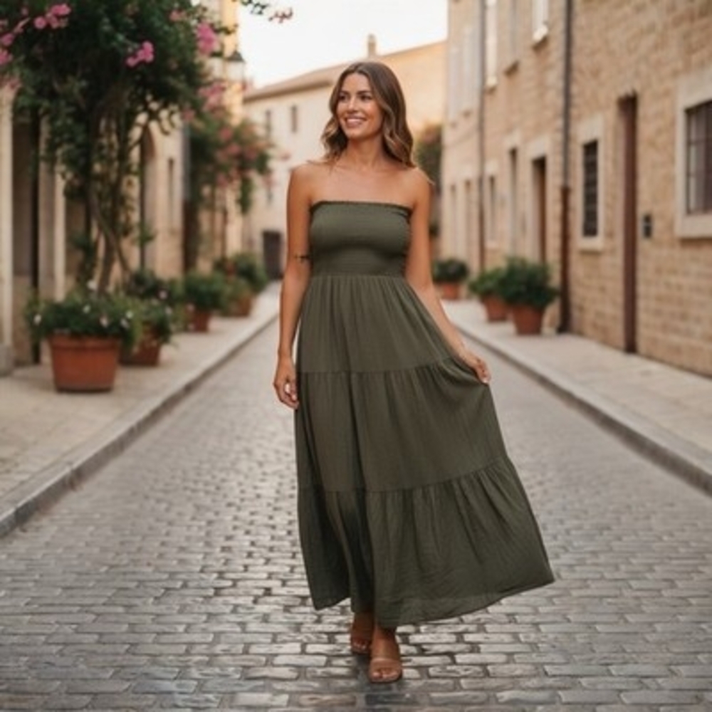 AMASOO Military Green Off Shoulder Tiered Maxi Dress Womens Size 6 NWT - Picture 3 of 10
